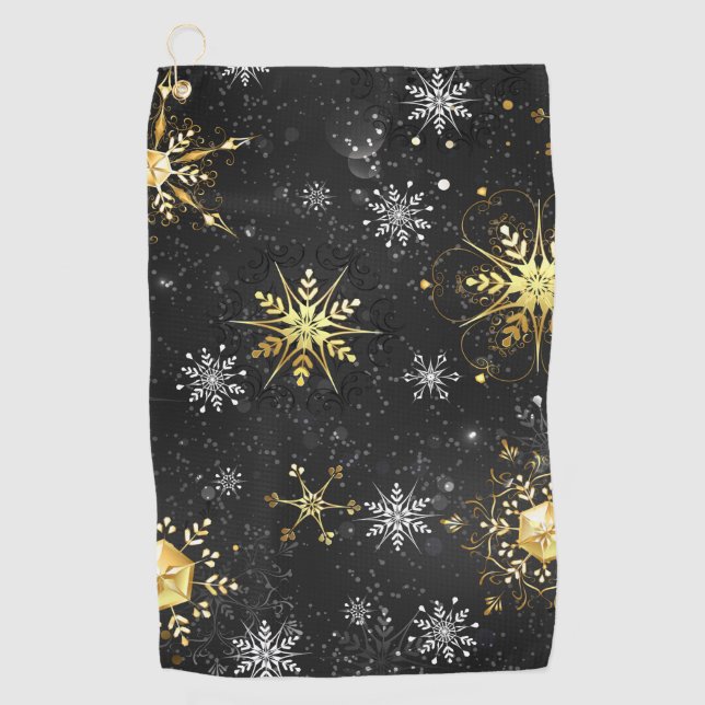 Goldene Schneeflocken auf schwarzem Hintergrund Golfhandtuch (Vorderseite)