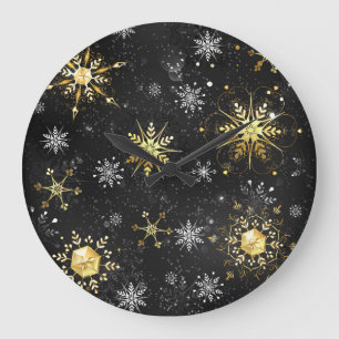 Goldene Schneeflocken auf schwarzem Hintergrund Große Wanduhr