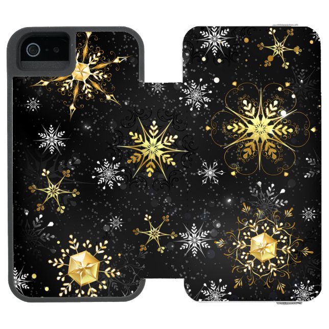 Goldene Schneeflocken auf schwarzem Hintergrund Incipio iPhone Geldbeutel-Hülle (Folio Geöffnet)
