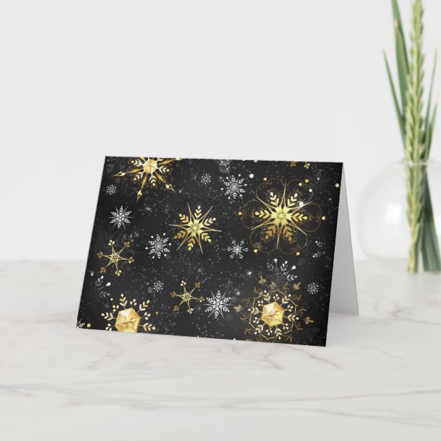 Goldene Schneeflocken auf schwarzem Hintergrund Karte (Vorderseite)