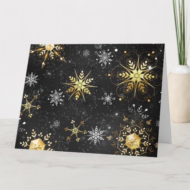 Goldene Schneeflocken auf schwarzem Hintergrund Karte (Vorderseite)