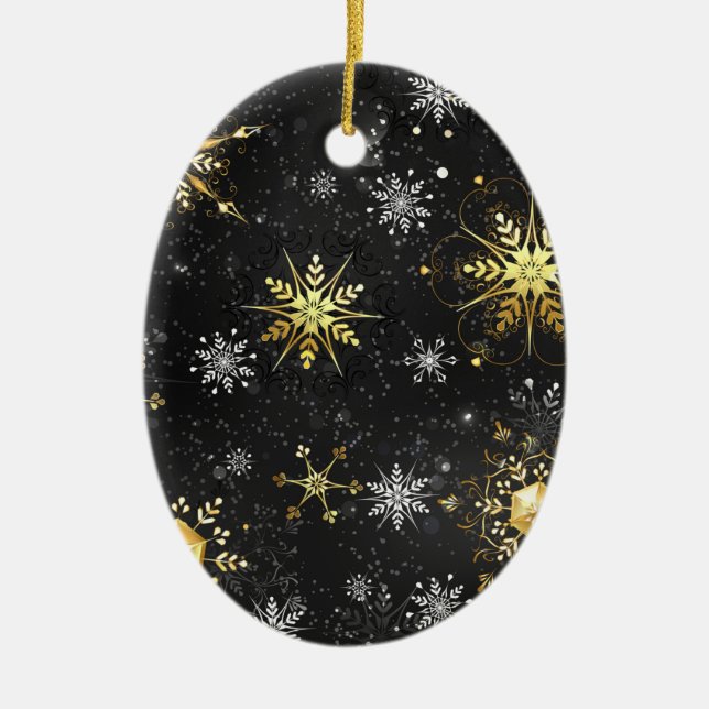 Goldene Schneeflocken auf schwarzem Hintergrund Keramik Ornament (Vorne)