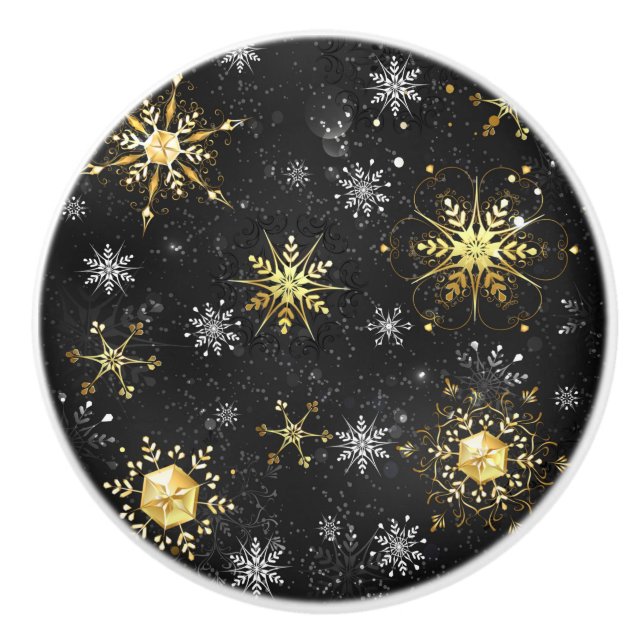 Goldene Schneeflocken auf schwarzem Hintergrund Keramikknauf (Vorderseite)