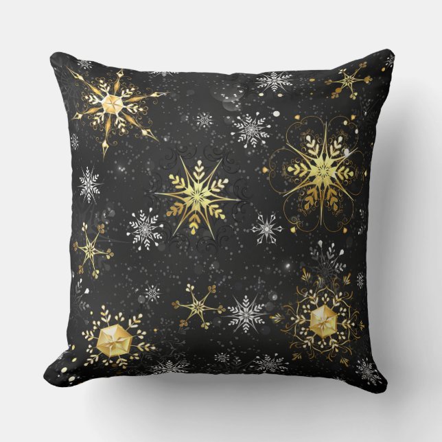 Goldene Schneeflocken auf schwarzem Hintergrund Kissen (Vorderseite)