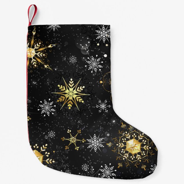 Goldene Schneeflocken auf schwarzem Hintergrund Kleiner Weihnachtsstrumpf (Vorderseite)