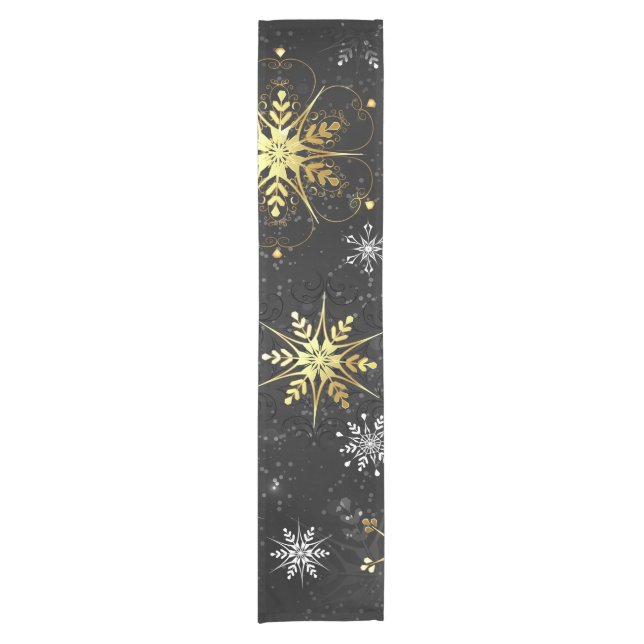 Goldene Schneeflocken auf schwarzem Hintergrund Kurzer Tischläufer (Vorderseite)
