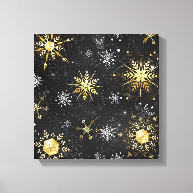 Goldene Schneeflocken auf schwarzem Hintergrund Leinwanddruck (Vorderseite)