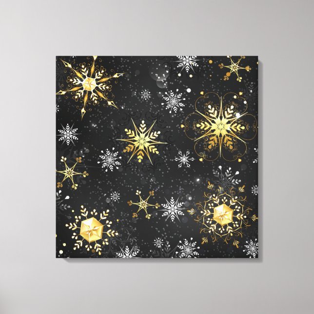 Goldene Schneeflocken auf schwarzem Hintergrund Leinwanddruck (Vorderseite)