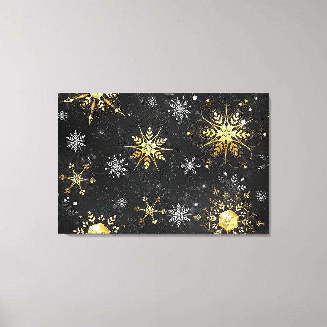 Goldene Schneeflocken auf schwarzem Hintergrund Leinwanddruck (Vorderseite)