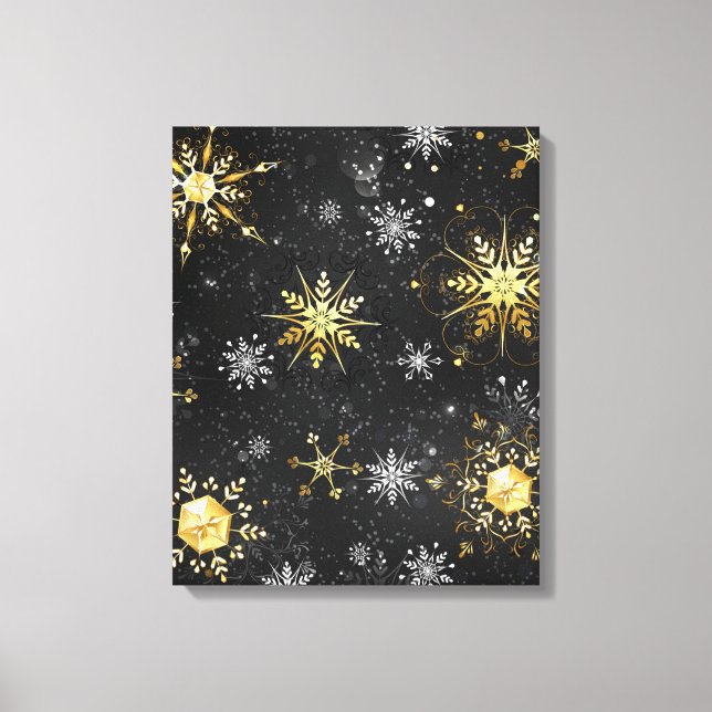 Goldene Schneeflocken auf schwarzem Hintergrund Leinwanddruck (Vorderseite)
