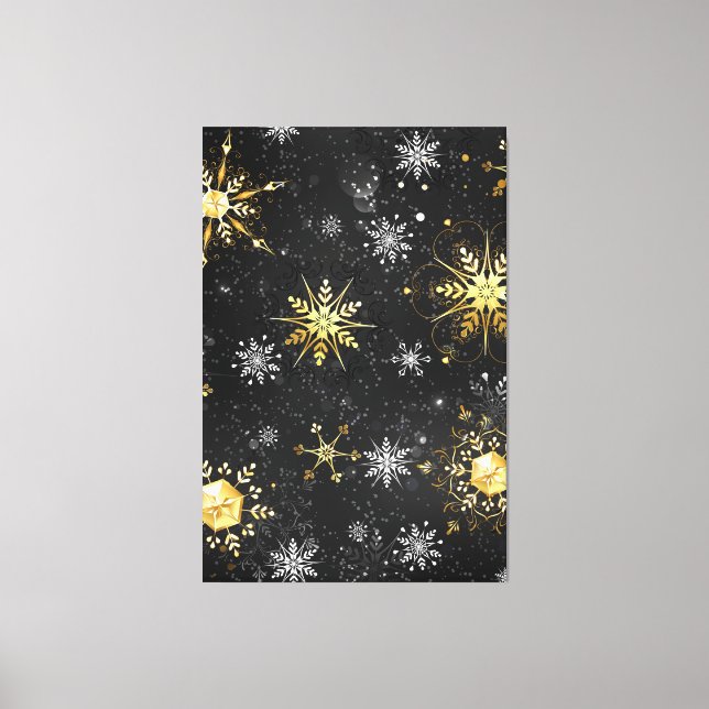 Goldene Schneeflocken auf schwarzem Hintergrund Leinwanddruck (Vorderseite)