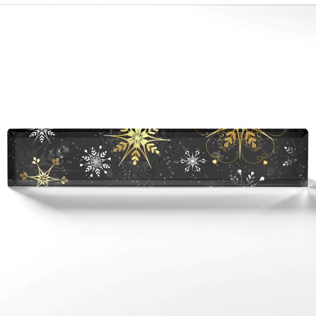 Goldene Schneeflocken auf schwarzem Hintergrund Namensplakette (Vorderseite)