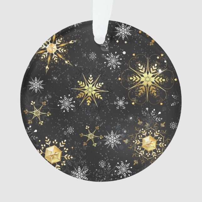 Goldene Schneeflocken auf schwarzem Hintergrund Ornament (Vorderseite)