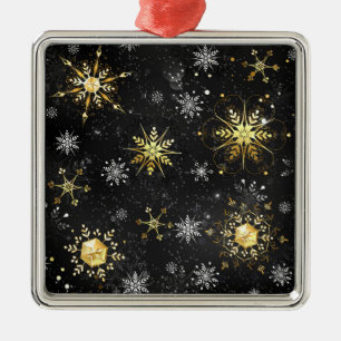 Goldene Schneeflocken auf schwarzem Hintergrund Ornament Aus Metall