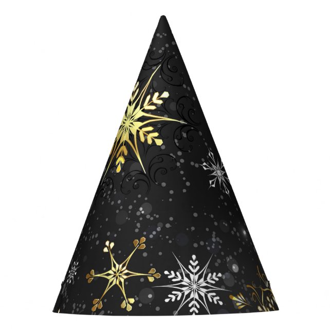Goldene Schneeflocken auf schwarzem Hintergrund Partyhütchen (Vorderseite)