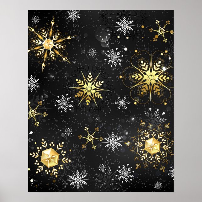 Goldene Schneeflocken auf schwarzem Hintergrund Poster (Vorne)