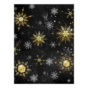 Goldene Schneeflocken auf schwarzem Hintergrund Poster