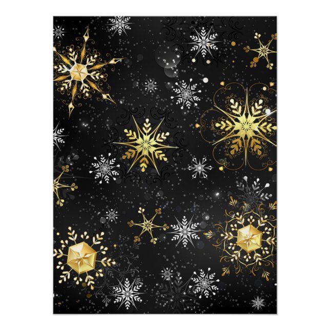 Goldene Schneeflocken auf schwarzem Hintergrund Poster (Vorderseite)