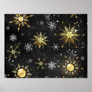 Goldene Schneeflocken auf schwarzem Hintergrund Poster