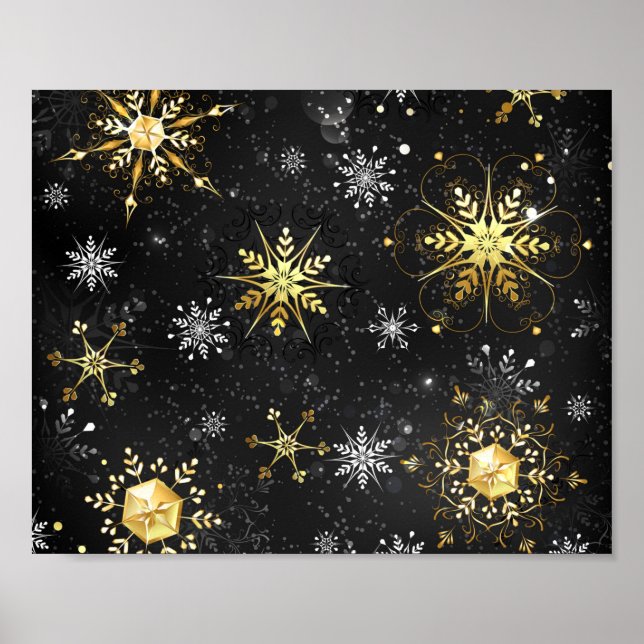 Goldene Schneeflocken auf schwarzem Hintergrund Poster (Vorne)