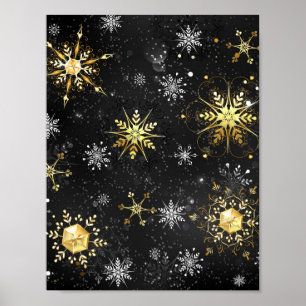 Goldene Schneeflocken auf schwarzem Hintergrund Poster