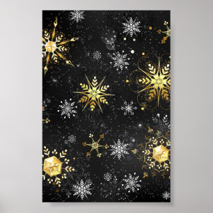 Goldene Schneeflocken auf schwarzem Hintergrund Poster