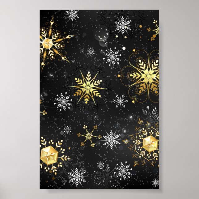 Goldene Schneeflocken auf schwarzem Hintergrund Poster (Vorne)