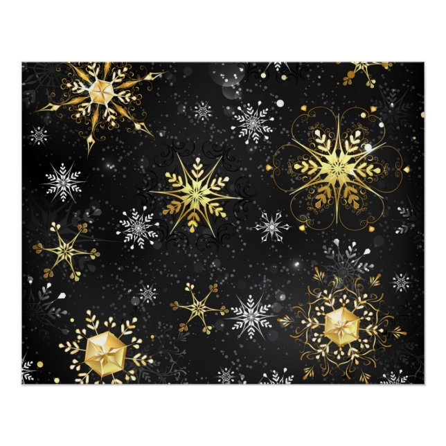 Goldene Schneeflocken auf schwarzem Hintergrund Poster (Vorderseite)