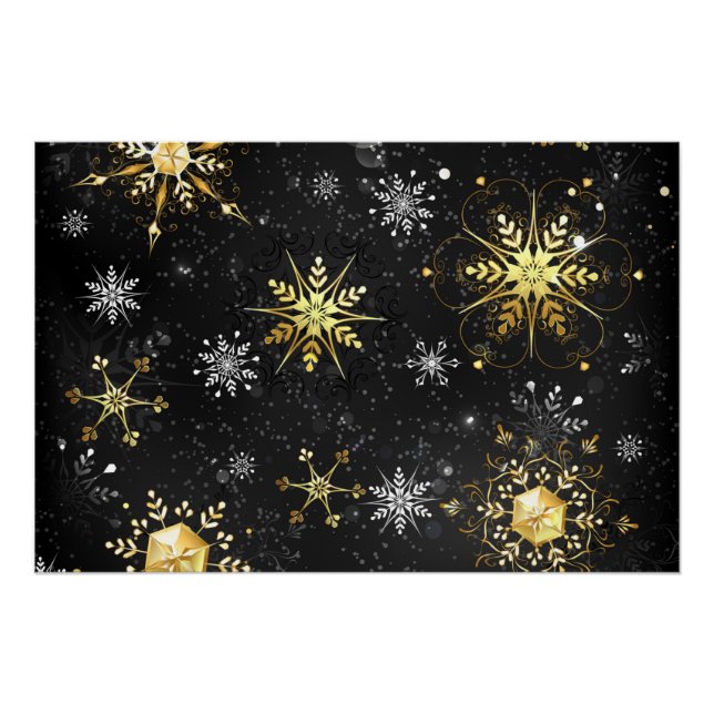 Goldene Schneeflocken auf schwarzem Hintergrund Poster (Vorderseite)