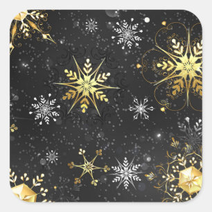 Goldene Schneeflocken auf schwarzem Hintergrund Quadratischer Aufkleber