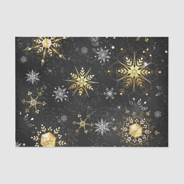 Goldene Schneeflocken auf schwarzem Hintergrund Seidenpapier (Vorderseite)