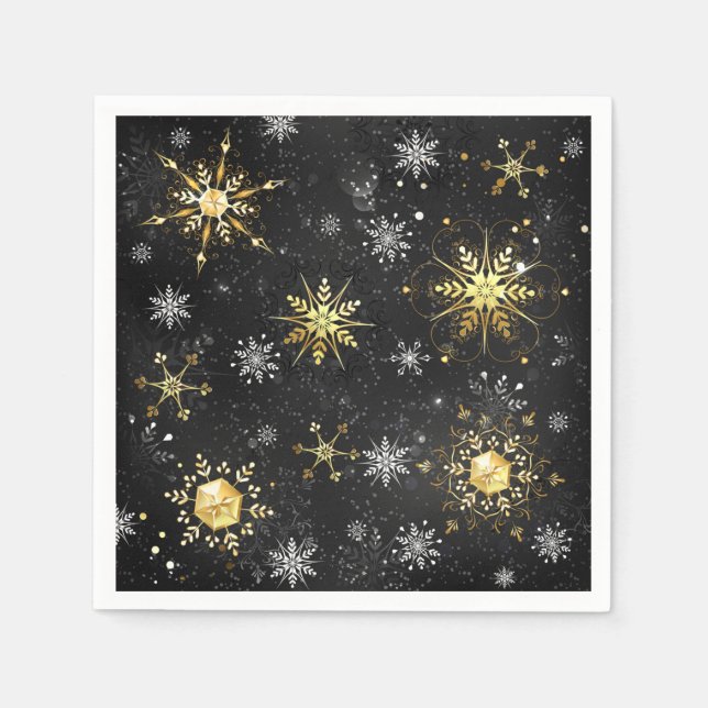 Goldene Schneeflocken auf schwarzem Hintergrund Serviette (Vorderseite)