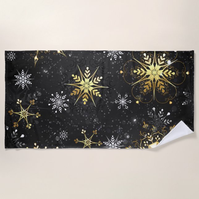 Goldene Schneeflocken auf schwarzem Hintergrund Strandtuch (Vorderseite)