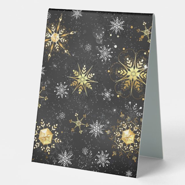Goldene Schneeflocken auf schwarzem Hintergrund Tischaufsteller (Vorderseite)
