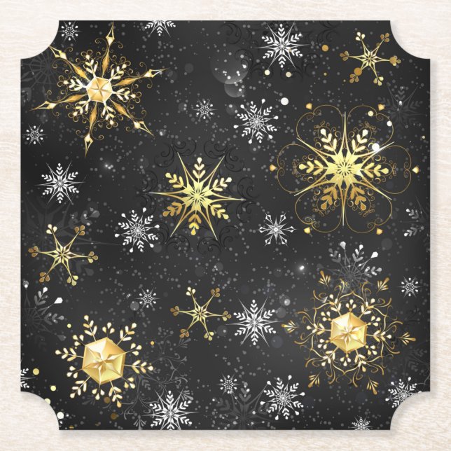Goldene Schneeflocken auf schwarzem Hintergrund Untersetzer (Vorderseite)