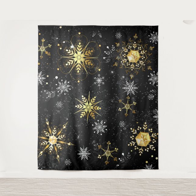 Goldene Schneeflocken auf schwarzem Hintergrund Wandteppich (Vorderseite)