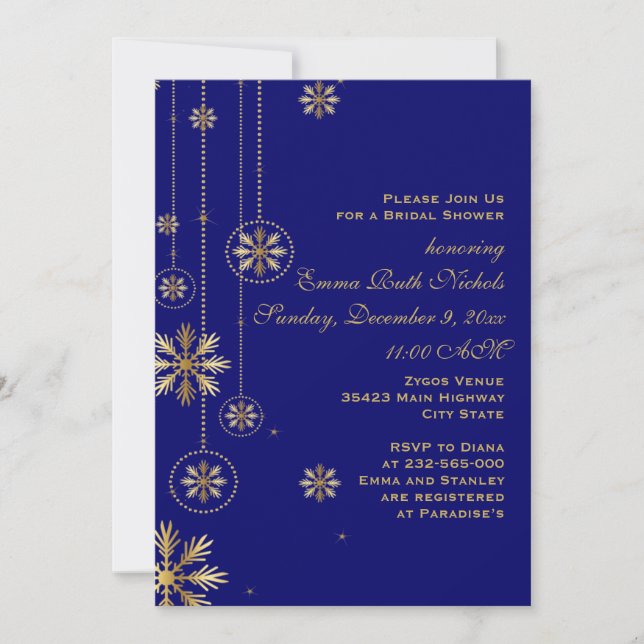 Goldene Schneeflocken Blau Winterhochzeit Brautpar Einladung (Vorderseite)