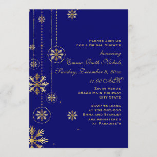 Goldene Schneeflocken Blau Winterhochzeit Brautpar Einladung