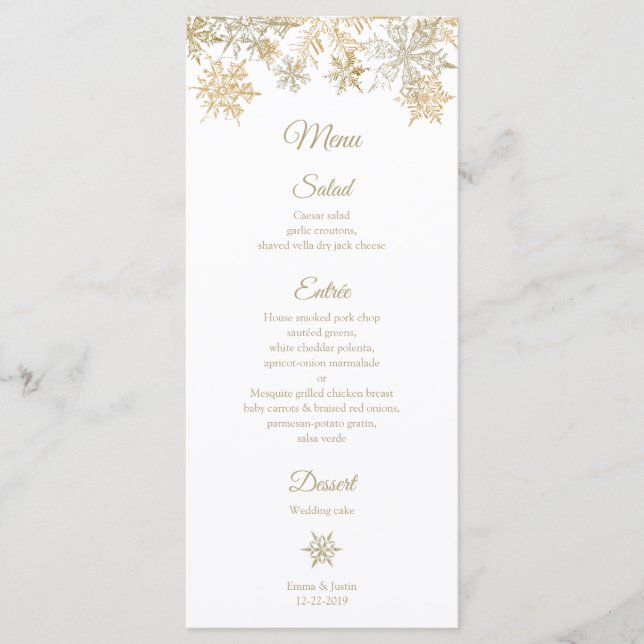 Goldene Schneeflocken Elegante Winter Hochzeit Rac Menükarte (Vorderseite)