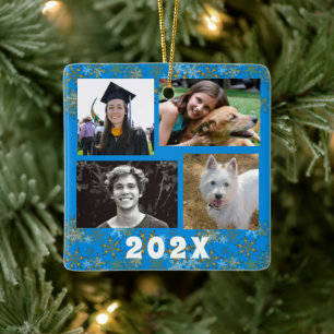 Goldene Schneeflocken Familienfoto-Collage geendet Keramikornament