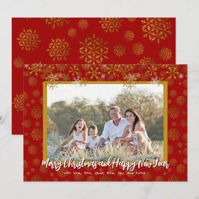 Goldene Schneeflocken Flat Christmas Familie Foto- Einladung (Vorne/Hinten)