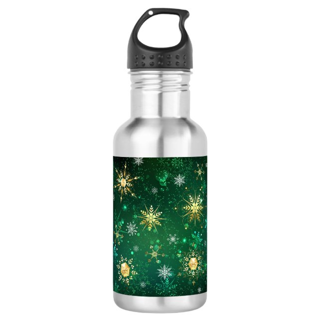 Goldene Schneeflocken im grünen Hintergrund Edelstahlflasche (Vorderseite)