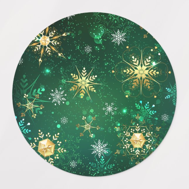 Goldene Schneeflocken im grünen Hintergrund Etiketten (Design 1)