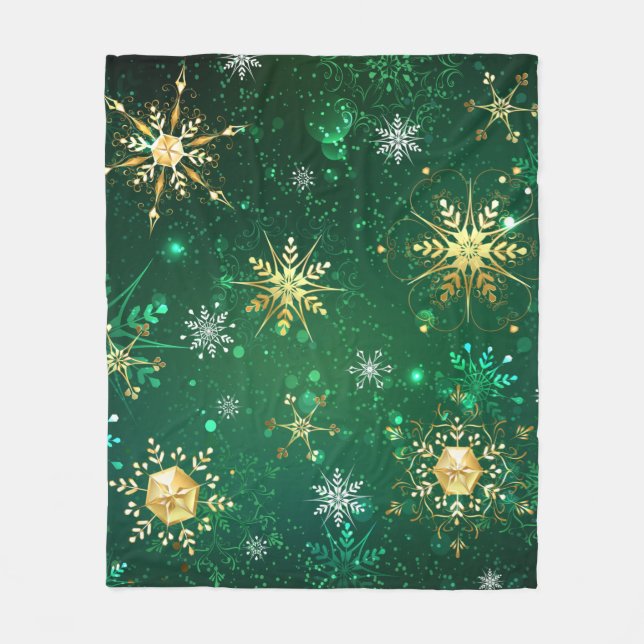 Goldene Schneeflocken im grünen Hintergrund Fleecedecke (Vorderseite)
