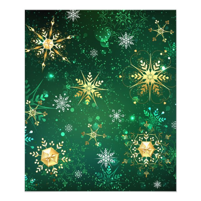 Goldene Schneeflocken im grünen Hintergrund Fotodruck (Vorne)