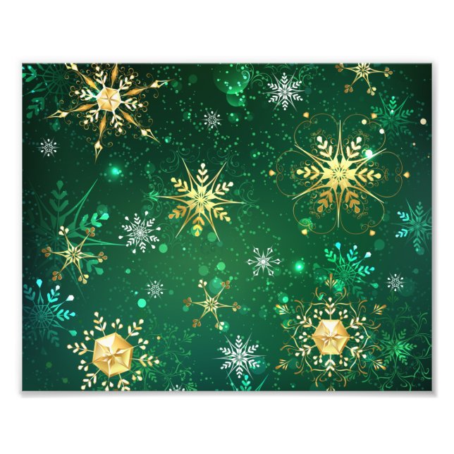 Goldene Schneeflocken im grünen Hintergrund Fotodruck (Vorne)