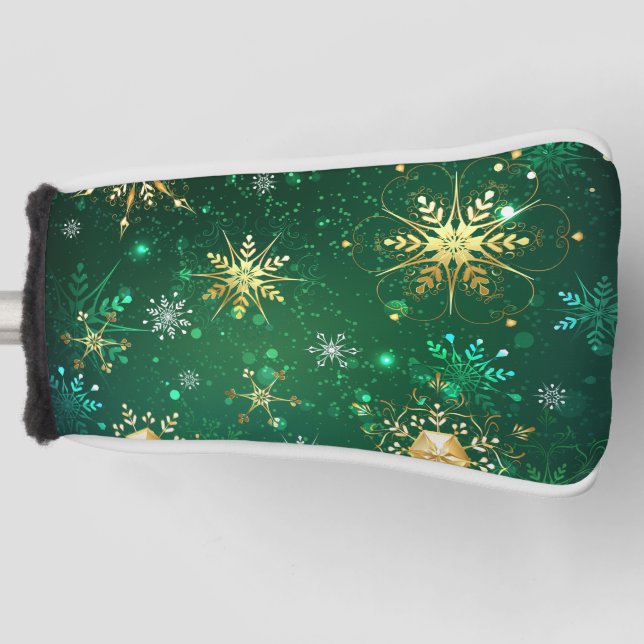 Goldene Schneeflocken im grünen Hintergrund Golf Headcover (Vorderseite)