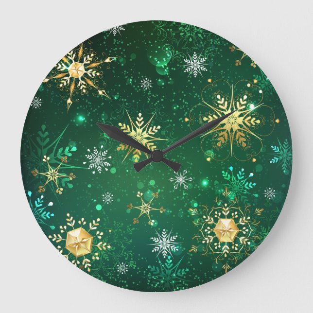 Goldene Schneeflocken im grünen Hintergrund Große Wanduhr (Vorderseite)