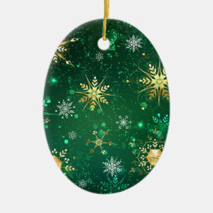 Goldene Schneeflocken im grünen Hintergrund Keramik Ornament