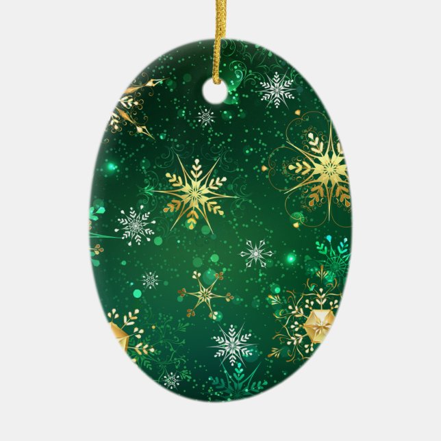 Goldene Schneeflocken im grünen Hintergrund Keramik Ornament (Vorne)